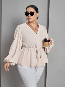 SHEIN Privé Plus Áo kiểu có nút thắt tay đèn lồng phía trước - Màu Khaki - Xem 4