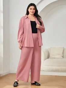 Mulvari 大碼印花落肩袖襯衫&闊腿褲 - 粉色 - 查看 4