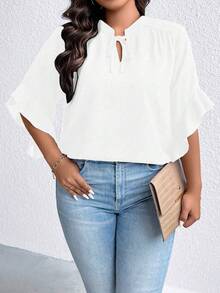 SHEIN LUNE Plus Tie Neck Batwing Sleeve Blouse - White - View 8