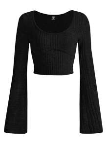 SHEIN EZwear Hơn Scoop Cổ tay áo lá sen Áo phông Crop - màu đen - Xem 3