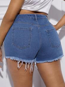 SHEIN SXY Plus Size Women's Frayed Ripped Denim Shorts - Medium Wash - View 2