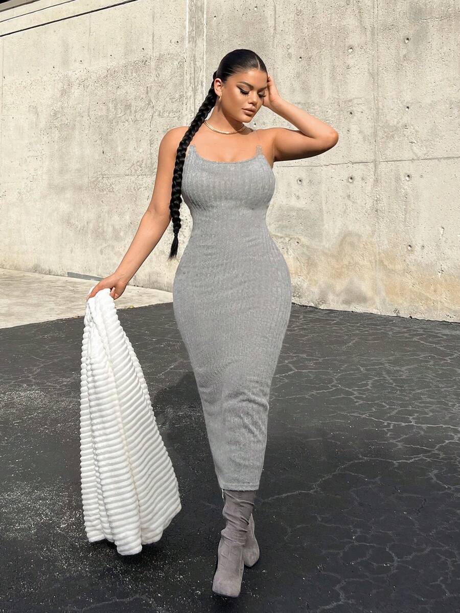 SHEIN SXY Vestido ajustado de canalé de tirantes unicolor - Gris - Ver 1