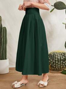 Mulvari Wide Waistband Solid Flared Skirt - Dark Green - View 1