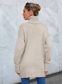 EURMUSE Jersey cuello alto de hombros caídos - Beis - Ver 2