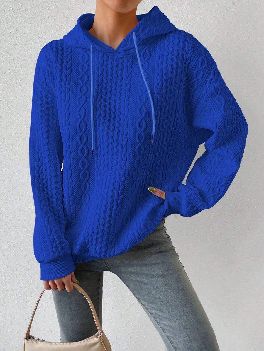 SHEIN EZwear Cable Knit Drop Shoulder Drawstring Hooded Sweatshirt - Royal Blue - View 1