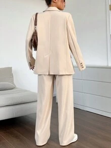 SHEIN EZwear 素色雙排釦西裝外套&闊腿褲 - 杏色 - 查看 3