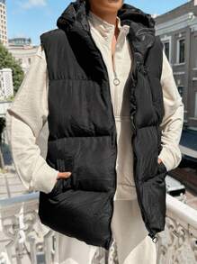 RueChic Solid Zip Up Hooded Puffer Vest Coat - Black - View 5