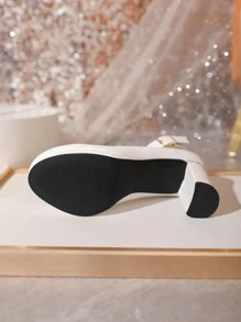 深v剪裁高跟鞋,女士時尚性感新款圓頭厚跟全季節舒適百搭白色橫紋pu皮革防水厚平底帶背帶單鞋 - 白色 - 查看 7