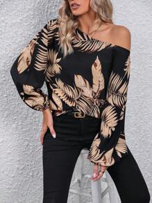 SHEIN LUNE Tropical Print Asymmetrical Neck Lantern Sleeve Blouse - Black - View 6