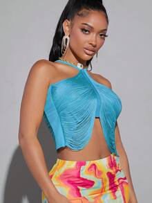 Hauture Áo crop-halter hở lưng nhiều lớp tua rua - Màu xanh lam - Xem 3