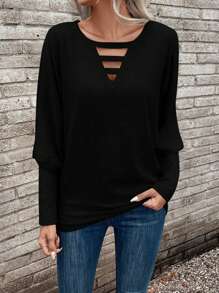 SHEIN LUNE Cut Out Batwing Sleeve Tee - Black - View 3