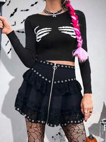 PUNK Skeleton Hand Pattern Crop Knit Pullover Fall Winter Sweater - Black and White - View 4