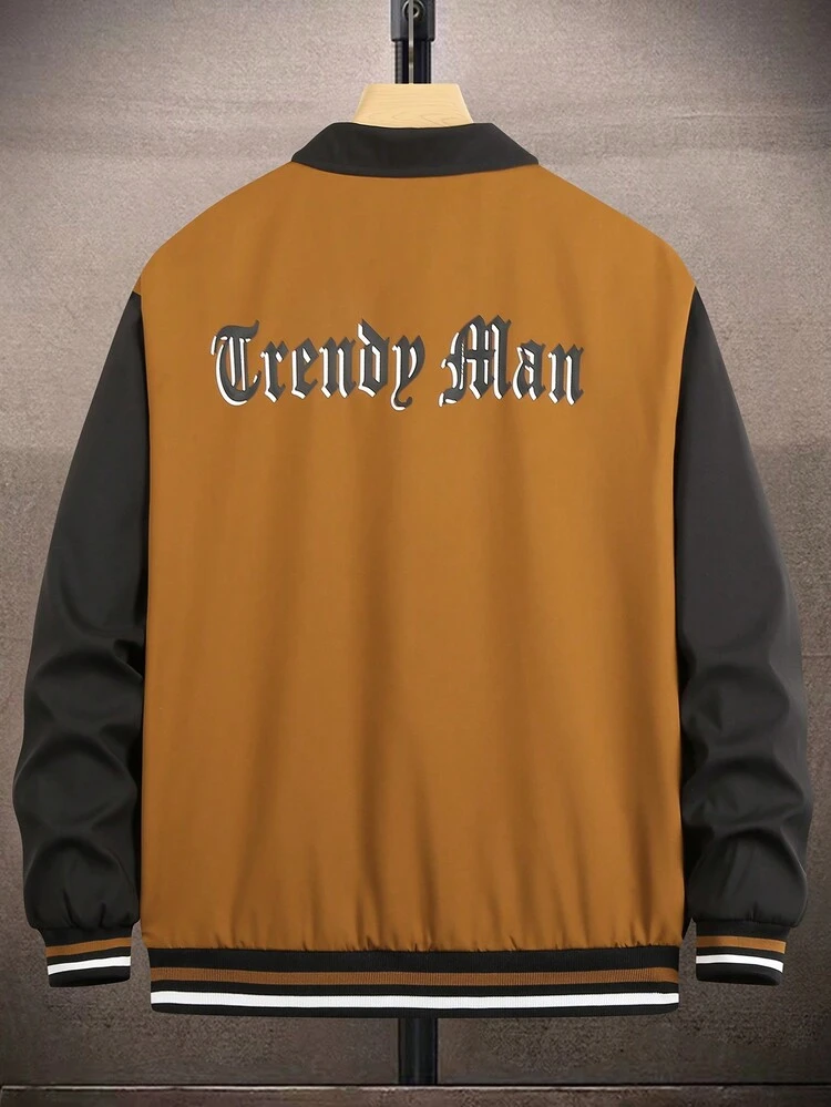 Loose Fit Men's Varsity Jacket With Letter Patched And Striped Trim, Drop Shoulder Style