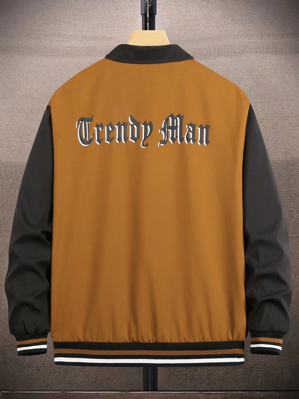 Loose Fit Men's Varsity Jacket With Letter Patched And Striped Trim, Drop Shoulder Style