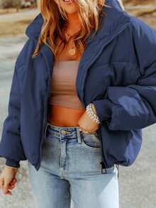 CILKOO 女士纯色休闲拉链抽绳下摆保暖内衬冬季外套 - 藏蓝色 - 查看 4