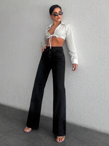 EURMUSE Casual Solid Flare Leg Jeans - Black - View 3