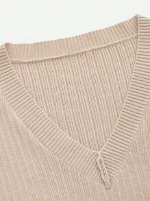 SHEIN Maternity V Neck Drop Shoulder Split Hem Sweater, For Winter - Khaki - View 7