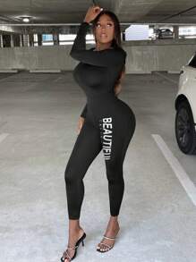 Slaydiva Letter Graphic Scoop Neck Unitard Jumpsuit - Black - View 1