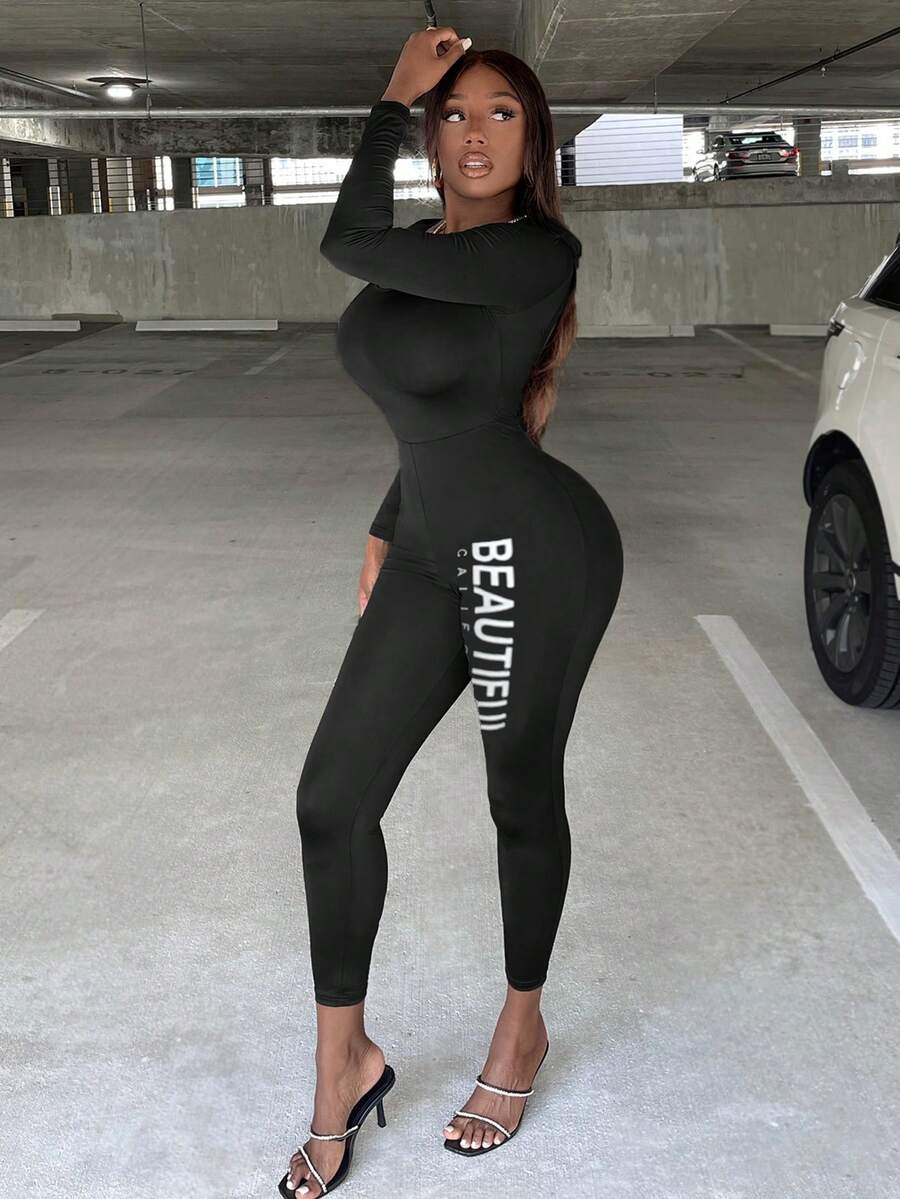 Slaydiva Letter Graphic Scoop Neck Unitard Jumpsuit - Black - View 1