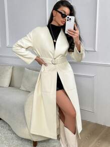 SHEIN Privé Thả vai Vá Túi Thắt lưng Áo khoác - Màu be - Xem 4