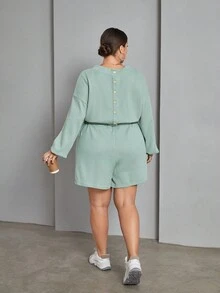 SHEIN Essnce Hơn Thả vai Eo dây rút Dệt kim Waffle Romper - màu xanh lá - Xem 3