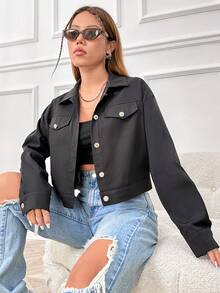 SHEIN Unity Letter Graphic Drop Shoulder Crop Jacket - Black - View 2
