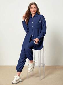 Mulvari Patched Pocket Drop Shoulder Blouse & Pants - Navy Blue - View 1