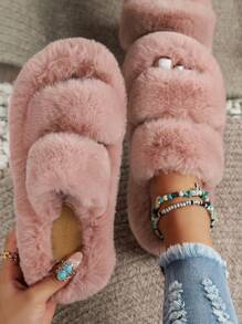 女式厚底增高奶茶棕色時尚毛茸茸室內拖鞋單雙帶拖鞋外出 - 粉色 - 查看 4