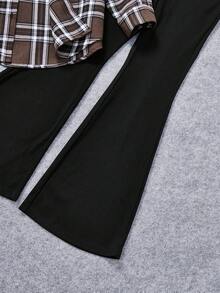 SHEIN 女大童格紋印花襯衫和吊帶上衣和喇叭褲