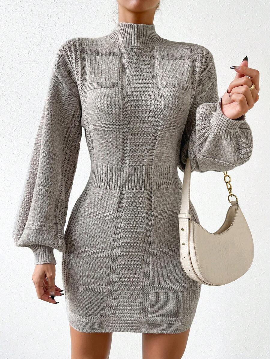 SHEIN Essnce Mock Neck Lantern Sleeve Mock Neck Bodycon Sweater Dress - Khaki - View 1