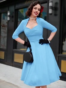 MUXXN 心形领口褶皱胸部喇叭裙摆连衣裙 - 淺藍色 - 查看 6