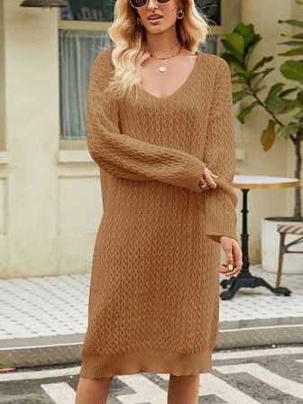 Solid Drop Shoulder Cable Knit Sweater Dress