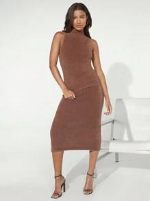 SHEIN BASICS 素色小高領無袖針織上衣 - 棕色 - 查看 6