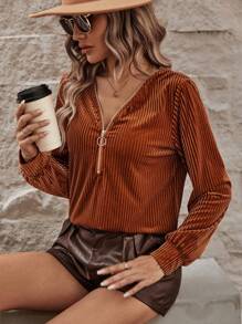 SHEIN LUNE Một nửa khóa kéo Tay áo lồng đèn Chi tiết O-ring Nhung Áo sơ mi - Cà phê nâu - Xem 3