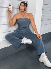 Flirla 大碼素色褶邊抹胸上衣和闊腿褲 - 灰色 - 查看 7