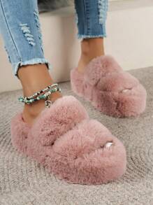 女式厚底增高奶茶棕色時尚毛茸茸室內拖鞋單雙帶拖鞋外出 - 粉色 - 查看 5