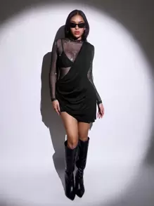 SHEIN ICON Homecoming Dress Rhinestone Detail Contrast Mesh Club Asymmetrical Hem Dress - Black - View 4