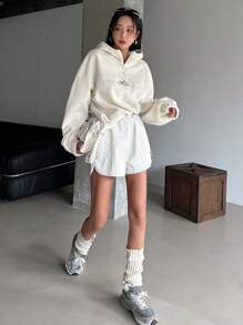 DAZY Letter Embroidery Drop Shoulder Fleece Hoodie,Fall Women Clothes Sweatshirt - White - View 5