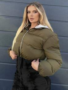 SHEIN SXY 冬季拉链连帽棉服大衣 - 軍綠色 - 查看 3