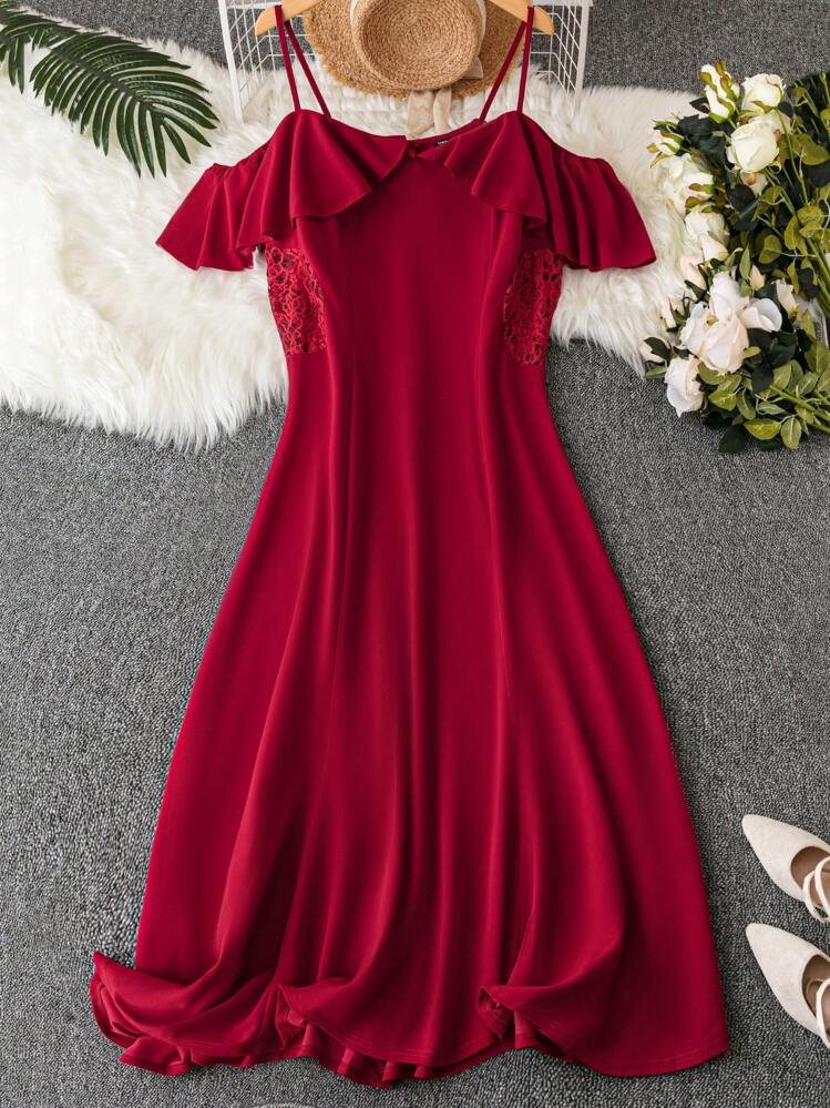 SHEIN Belle בורגונדי אדום פלוס כתף קרה פרווה לקצץ בת ים שולי שמלת מקסי נשים תלבושת - בורגונדי - ראה 1