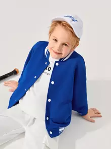 SHEIN Tween Boy Drop Shoulder Striped Trim Bear Print Back Varsity Jacket - Blue - View 1