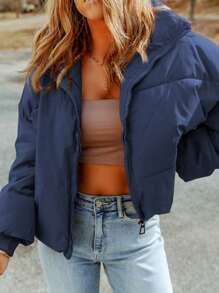 CILKOO 女士纯色休闲拉链抽绳下摆保暖内衬冬季外套 - 藏蓝色 - 查看 1