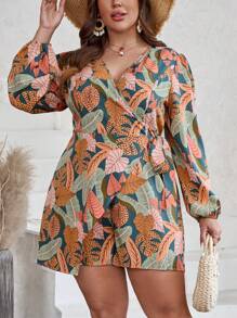 SHEIN VCAY Plus Tropical Print Lantern Sleeve Knot Side Romper - Multicolor - View 5