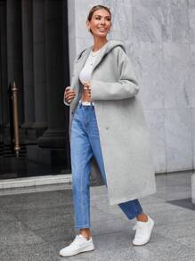SHEIN Cottnline Của phụ nữ Màu thuần áo có mũ Len áo - Màu Xám nhạt - Xem 5