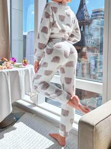 Cartoon Graphic Drop Shoulder PJ Set / Pajama Set Cozy And Elegant Details, Fall Winter Clothes - Multicolor - View 2