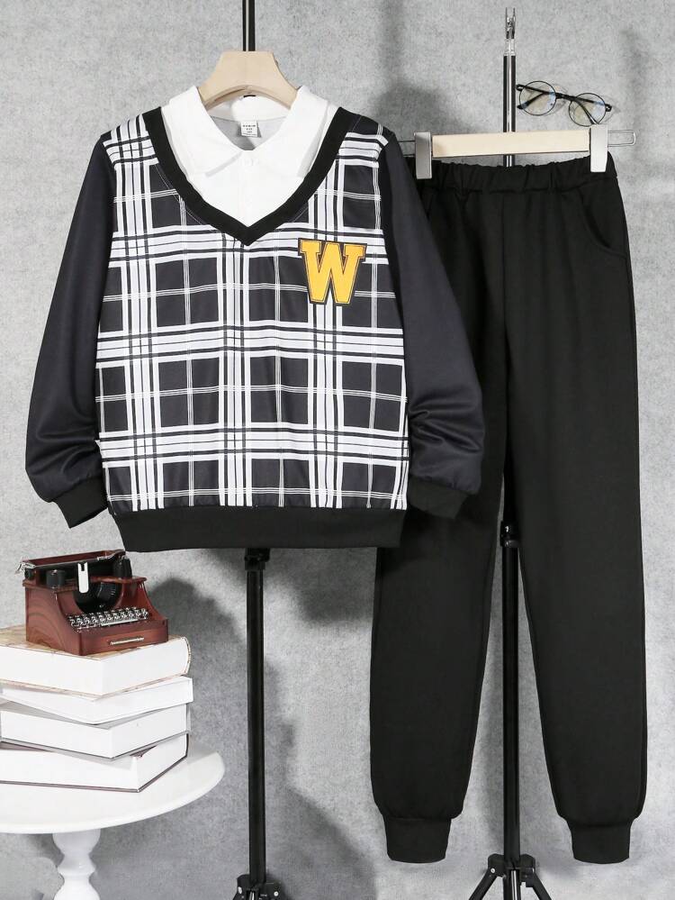 Tween Boy Plaid Print 2 In 1 Pullover & Sweatpants