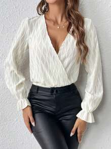 SHEIN Frenchy Surplice Neck Flare Sleeve Bodysuit - Apricot - View 5