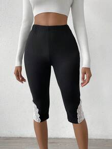 SHEIN LUNE 撞色蕾絲七分褲 - 黑色 - 查看 6