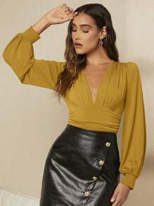 BizChic Plunging Neck Lantern Sleeve Ruched Bodysuit - Yellow - View 4