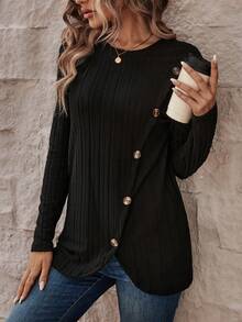 SHEIN LUNE Nút Nghệ Embellished Đường chéo Tách Đan Kết cấu Tay áo dài Thoải mái Của phụ nữ Áo thun - màu đen - Xem 4